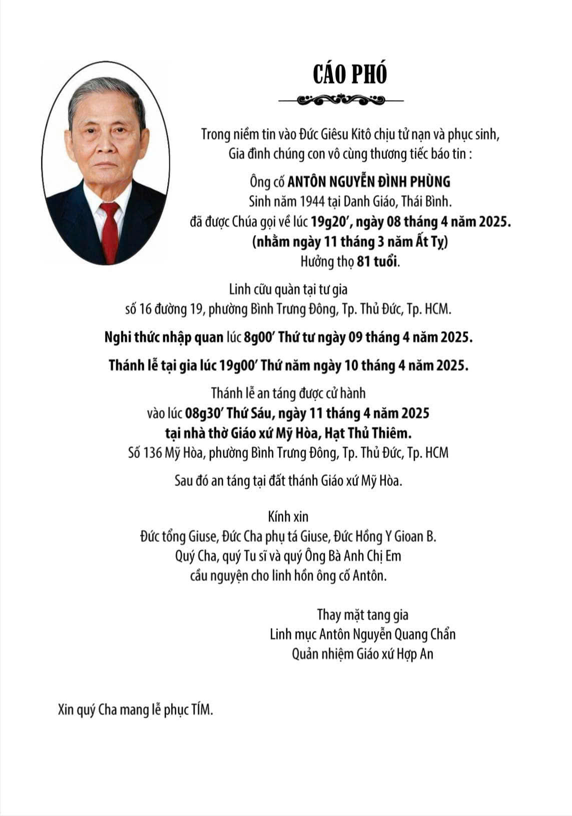 Cáo Phó Thân Phụ Lm Antôn Nguyễn Quang Chẩn Qua đời 